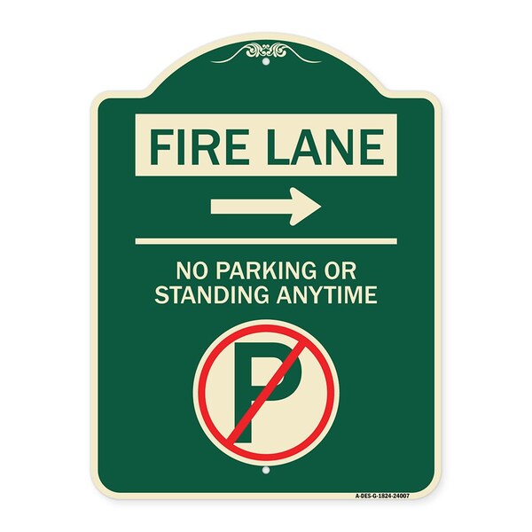 Fire Lane No Parking or Standing Anytime Heavy-Gauge Aluminum Sign, 24" x 18", G-1824-24007